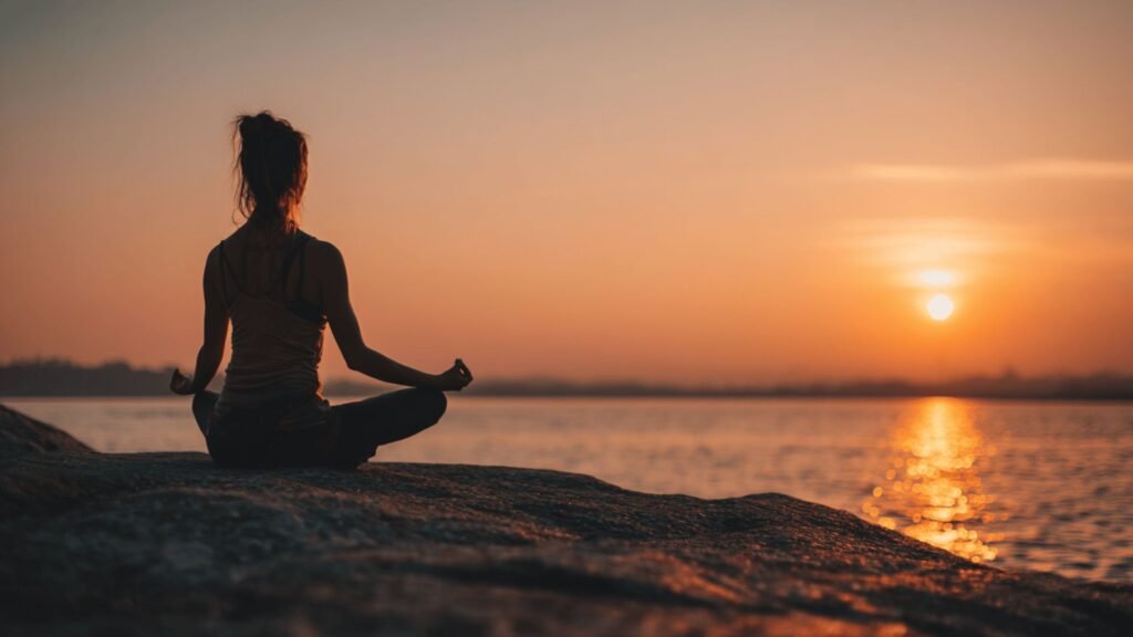 A person practicing one of several simple healthy lifestyle habits, such as meditating in the morning.
